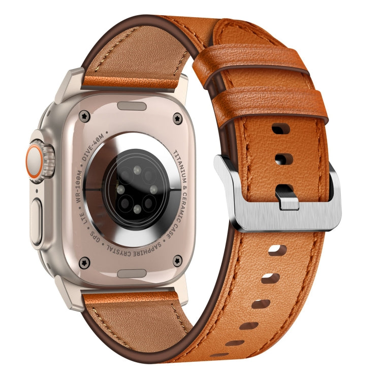 For Apple Watch Ultra 49mm Wilderness Top-grain Leather Watch Band(Titanium Connector Brown)
