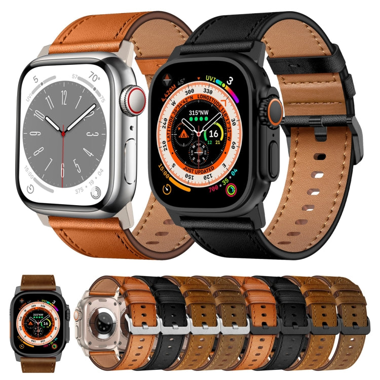 For Apple Watch Ultra 2 49mm Wilderness Top-grain Leather Watch Band(Black Connector Brown) - Watch Bands by PMC TechLife | Online Shopping South Africa | PMC TechLife | Buy Now Pay Later Mobicred