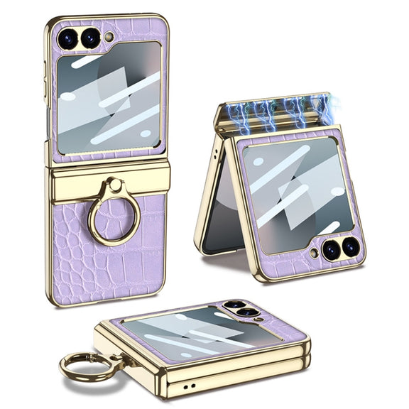 For Samsung Galaxy Z Flip6 / Flip7 FE GKK Integrated Electroplated Crocodile Texture Leather Phone Case with Ring(Purple)