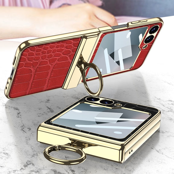 For Samsung Galaxy Z Flip6 GKK Integrated Electroplated Crocodile Texture Leather Phone Case with Ring(Green)