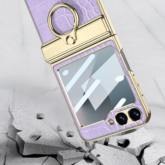 For Samsung Galaxy Z Flip6 / Flip7 FE GKK Integrated Electroplated Crocodile Texture Leather Phone Case with Ring(Red)