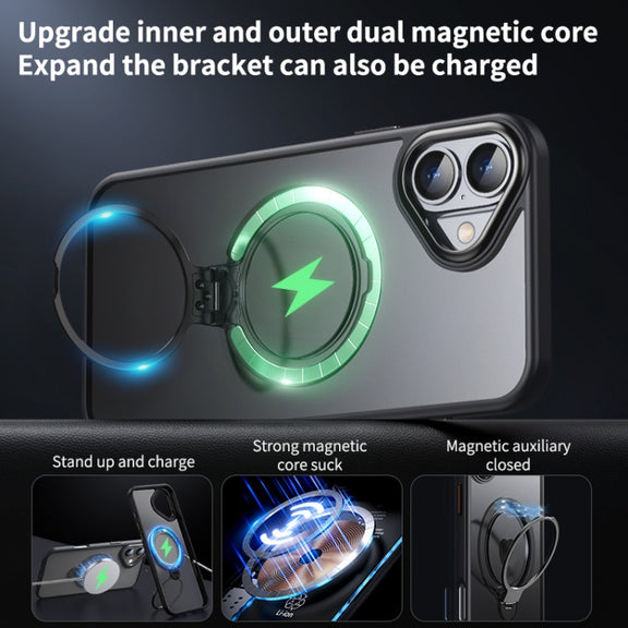 For iPhone 16 Double Ring MagSafe Magnetic Holder Phone Case(Matte Grey)