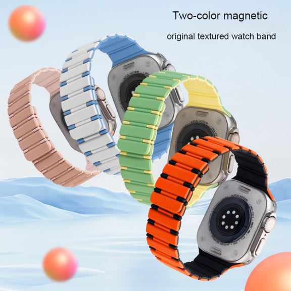 For Apple Watch SE 2023 44mm Two-color Magnetic Silicone Watch Band(Mist Blue Orange)