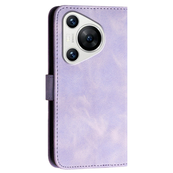 For Huawei Pura 70 YX0080 Grid Butterfly Embossed Pattern Flip Leather Phone Case with Lanyard(Light Purple)