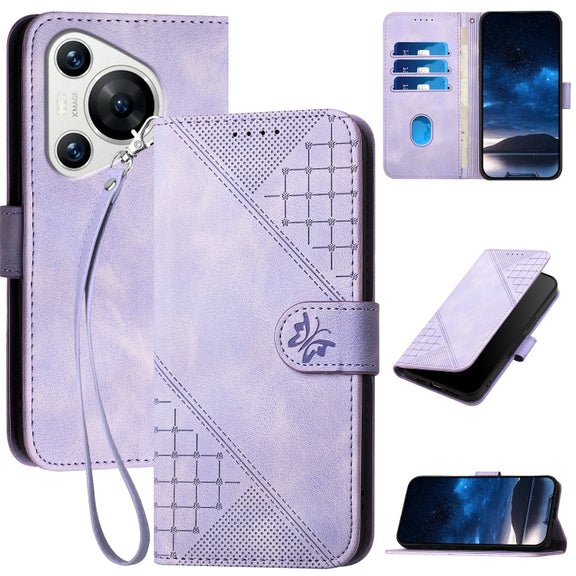 For Huawei Pura 70 YX0080 Grid Butterfly Embossed Pattern Flip Leather Phone Case with Lanyard(Light Purple)
