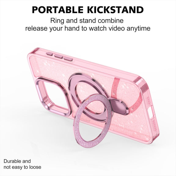 For iPhone 16 Pro Max Glitter Ring Holder MagSafe Phone Case(Pink)