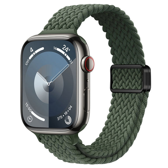 For Apple Watch Series 9 45mm Slim Magnetic Buckle Nylon Braided Watch Band(Dark Olive Green)
