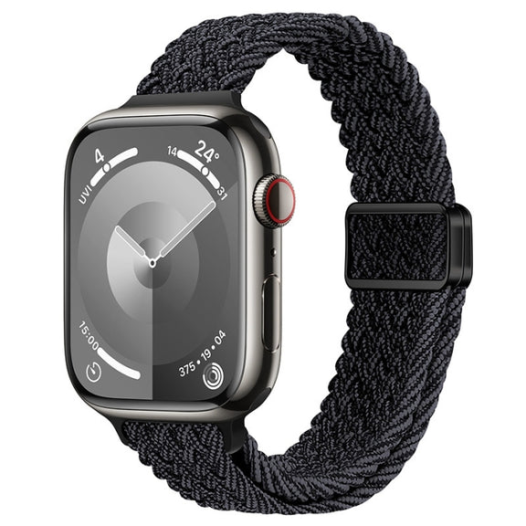 For Apple Watch Series 9 41mm Slim Magnetic Buckle Nylon Braided Watch Band(Black Grey)