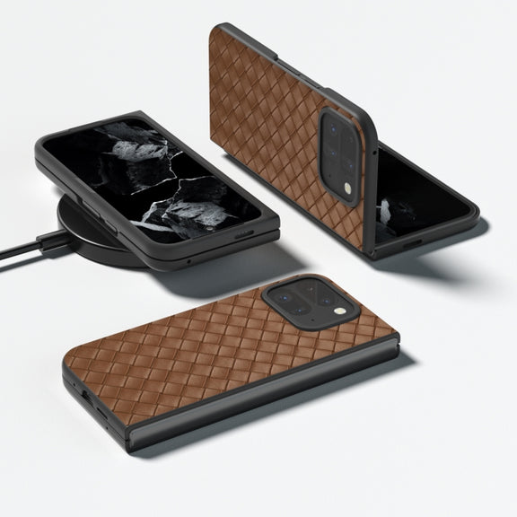 For Google Pixel 9 Pro Fold Black Frame Woven Texture PU Phone Case(Brown)