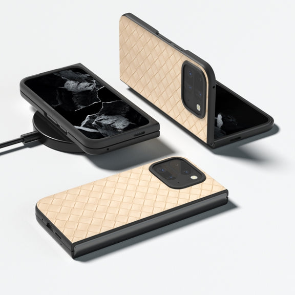 For Google Pixel 9 Pro Fold Black Frame Woven Texture PU Phone Case(Beige)