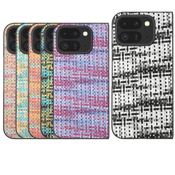 For Google Pixel 9 Pro Fold Black Frame Color Lattice Texture PU Phone Case(Pink)
