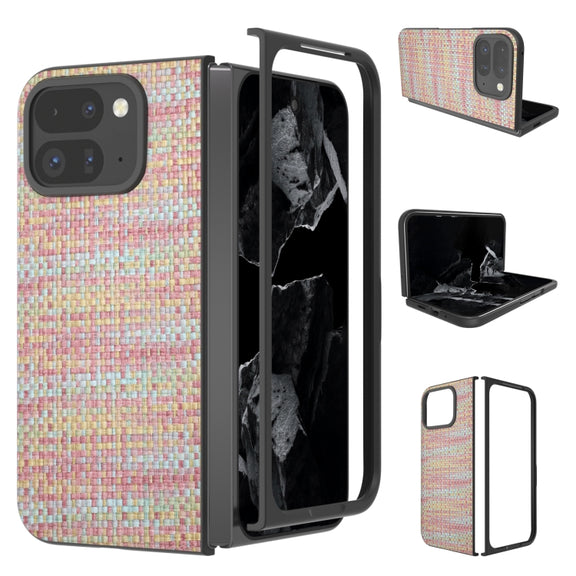 For Google Pixel 9 Pro Fold Black Frame Color Lattice Texture PU Phone Case(Pink)