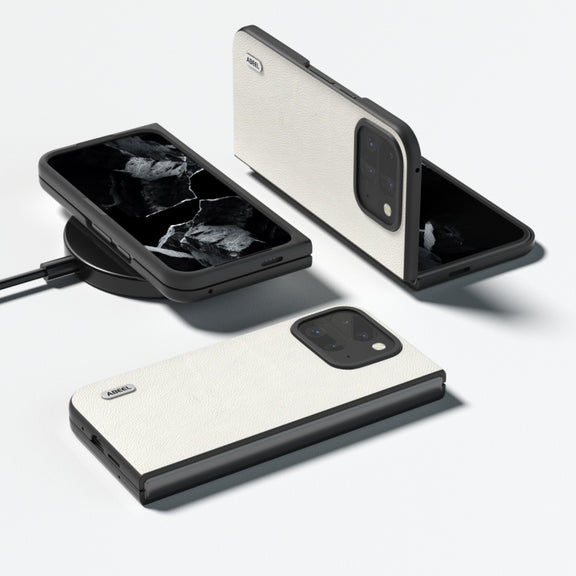 For Google Pixel 9 Pro Fold ABEEL Genuine Leather Wave Black Edge Phone Case(Grey)