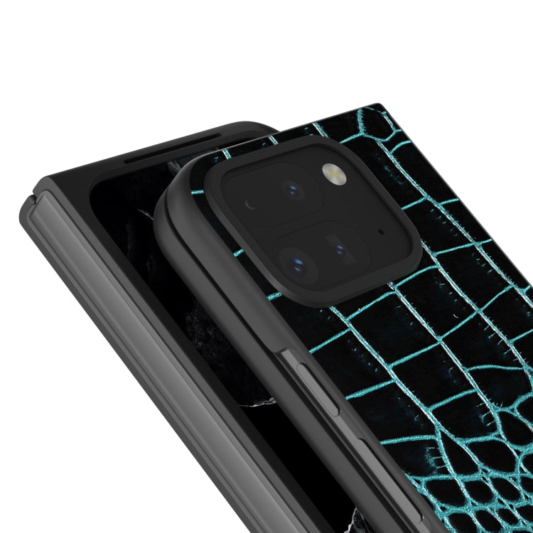 For Google Pixel 9 Pro Fold ABEEL Genuine Leather Crocodile Pattern Black Edge Phone Case(Blue) - free shipping - PMC TechLife - Order now!