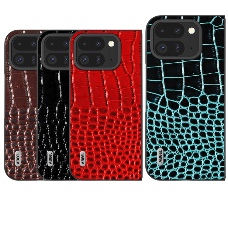 For Google Pixel 9 Pro Fold ABEEL Genuine Leather Crocodile Pattern Black Edge Phone Case(Blue)