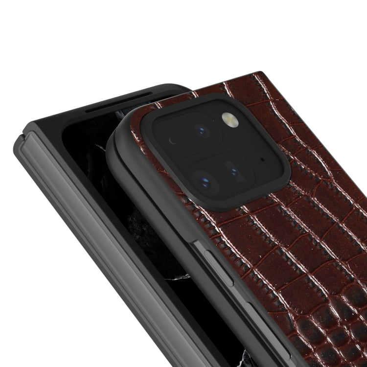 For Google Pixel 9 Pro Fold ABEEL Genuine Leather Crocodile Pattern Black Edge Phone Case(Coffee) - Google Cases by PMC TechLife | Online Shopping South Africa | PMC TechLife | Buy Now Pay Later Mobicred