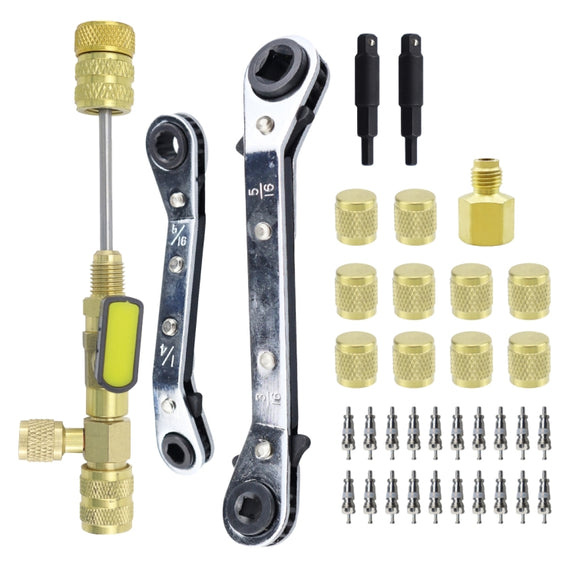 36pcs / Set T6 Air Conditioning Valve Core Remover Installer Tool with Dual Size SAE 1/4 and 5/16 Ports(Gold)