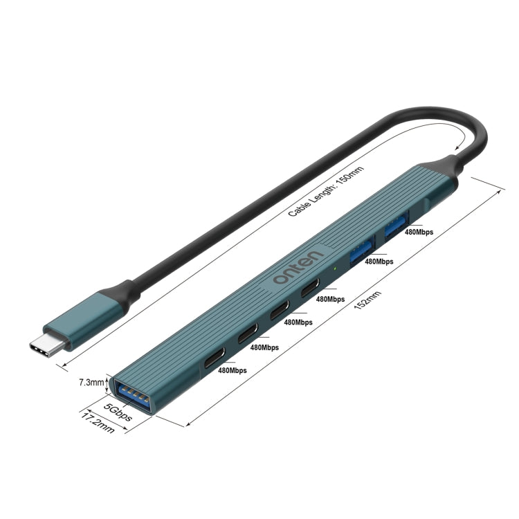 Onten UC972C 7 in 1 USB-C / Type-C to USB3.0 + USB2.0x2 + Type-Cx4 HUB Docking Station(Pine Green)