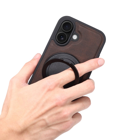 For iPhone 16 Plus Denior A14 Skin Feel Rotating Holder MagSafe Phone Case(Brown)
