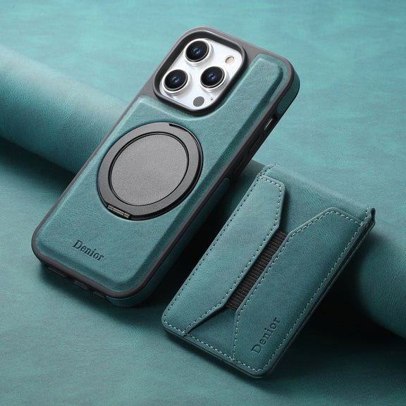 For iPhone 15 Pro Max Denior D18 Skin Feel Rotating Holder MagSafe Detachable Card Slot Phone Case(Blue)