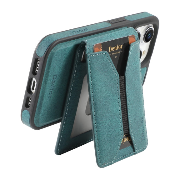 For iPhone 15 Pro Max Denior D18 Skin Feel Rotating Holder MagSafe Detachable Card Slot Phone Case(Blue)