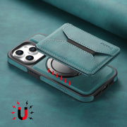 For iPhone 16 Denior D18 Skin Feel Rotating Holder MagSafe Detachable Card Slot Phone Case(Blue)