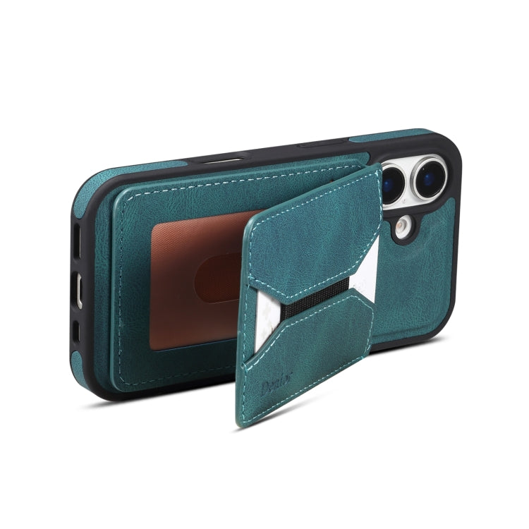 For iPhone 16 Denior D18 Skin Feel Rotating Holder MagSafe Detachable Card Slot Phone Case(Blue)