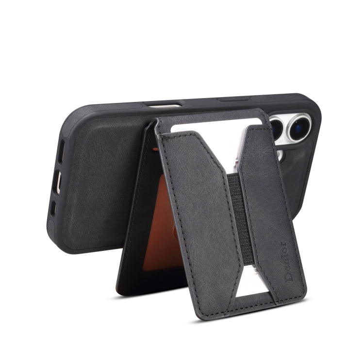 For iPhone 16 Denior D18 Skin Feel Rotating Holder MagSafe Detachable Card Slot Phone Case(Black)