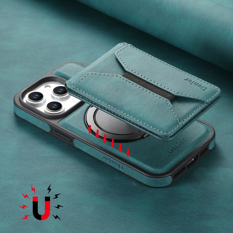 For iPhone 16 Plus Denior D18 Skin Feel Rotating Holder MagSafe Detachable Card Slot Phone Case(Blue)