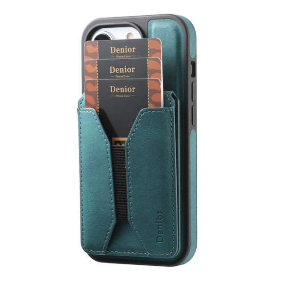 For iPhone 16 Plus Denior D18 Skin Feel Rotating Holder MagSafe Detachable Card Slot Phone Case(Blue)