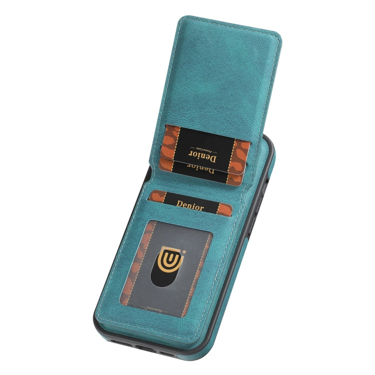 For iPhone 16 Plus Denior D18 Skin Feel Rotating Holder MagSafe Detachable Card Slot Phone Case(Blue)