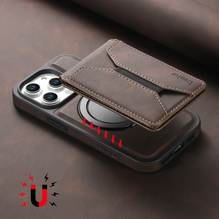 For iPhone 16 Plus Denior D18 Skin Feel Rotating Holder MagSafe Detachable Card Slot Phone Case(Brown)