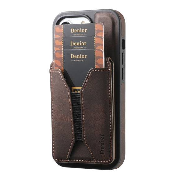 For iPhone 16 Plus Denior D18 Skin Feel Rotating Holder MagSafe Detachable Card Slot Phone Case(Brown)