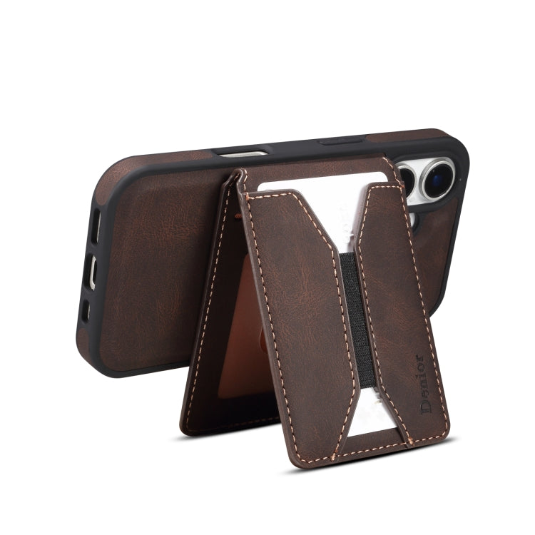 For iPhone 16 Plus Denior D18 Skin Feel Rotating Holder MagSafe Detachable Card Slot Phone Case(Brown) - free shipping - PMC TechLife - Order now!