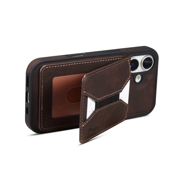 For iPhone 16 Plus Denior D18 Skin Feel Rotating Holder MagSafe Detachable Card Slot Phone Case(Brown) - free shipping - PMC TechLife - Order now!