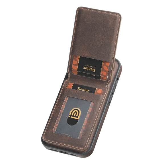 For iPhone 16 Plus Denior D18 Skin Feel Rotating Holder MagSafe Detachable Card Slot Phone Case(Brown)