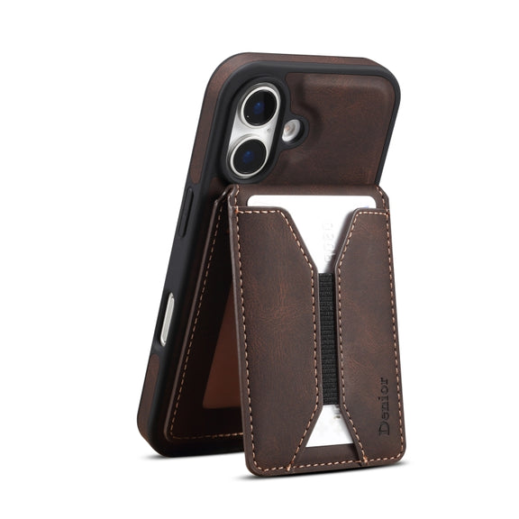 For iPhone 16 Plus Denior D18 Skin Feel Rotating Holder MagSafe Detachable Card Slot Phone Case(Brown)