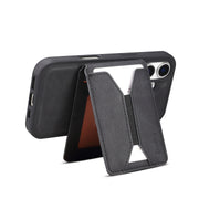 For iPhone 16 Plus Denior D18 Skin Feel Rotating Holder MagSafe Detachable Card Slot Phone Case(Black)