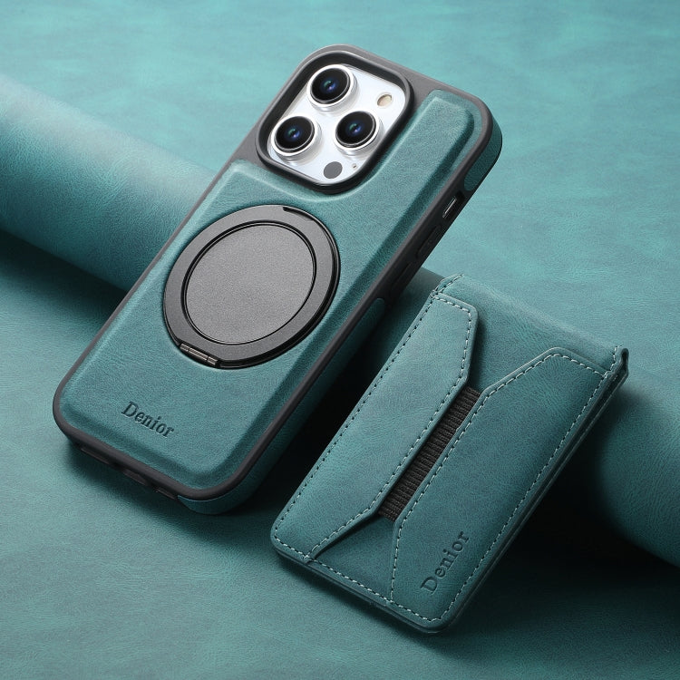 For iPhone 16 Pro Denior D18 Skin Feel Rotating Holder MagSafe Detachable Card Slot Phone Case(Blue)