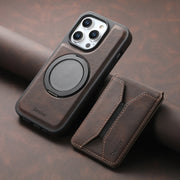 For iPhone 16 Pro Denior D18 Skin Feel Rotating Holder MagSafe Detachable Card Slot Phone Case(Brown)