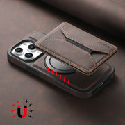 For iPhone 16 Pro Denior D18 Skin Feel Rotating Holder MagSafe Detachable Card Slot Phone Case(Brown)