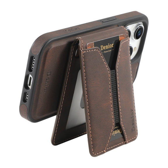 For iPhone 16 Pro Denior D18 Skin Feel Rotating Holder MagSafe Detachable Card Slot Phone Case(Brown)