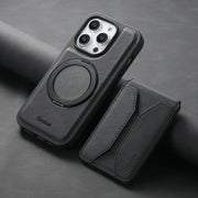 For iPhone 16 Pro Denior D18 Skin Feel Rotating Holder MagSafe Detachable Card Slot Phone Case(Black)