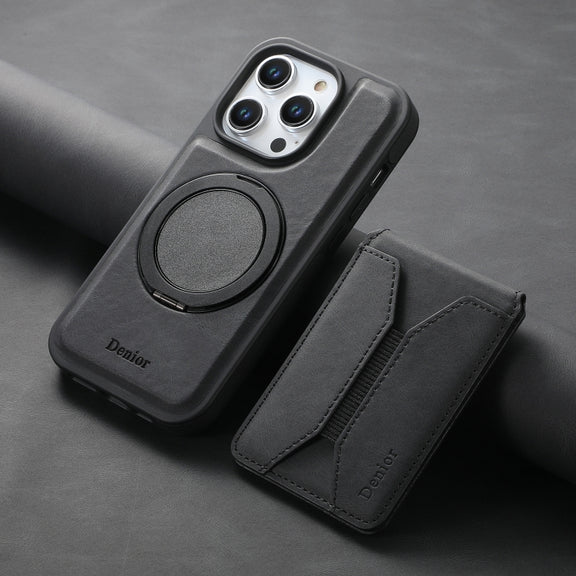For iPhone 16 Pro Denior D18 Skin Feel Rotating Holder MagSafe Detachable Card Slot Phone Case(Black)
