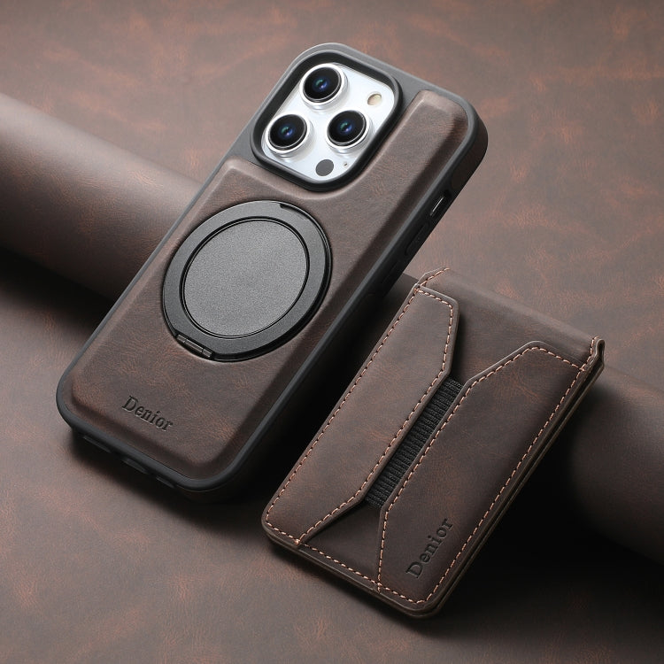 For iPhone 16 Pro Max Denior D18 Skin Feel Rotating Holder MagSafe Detachable Card Slot Phone Case(Brown)