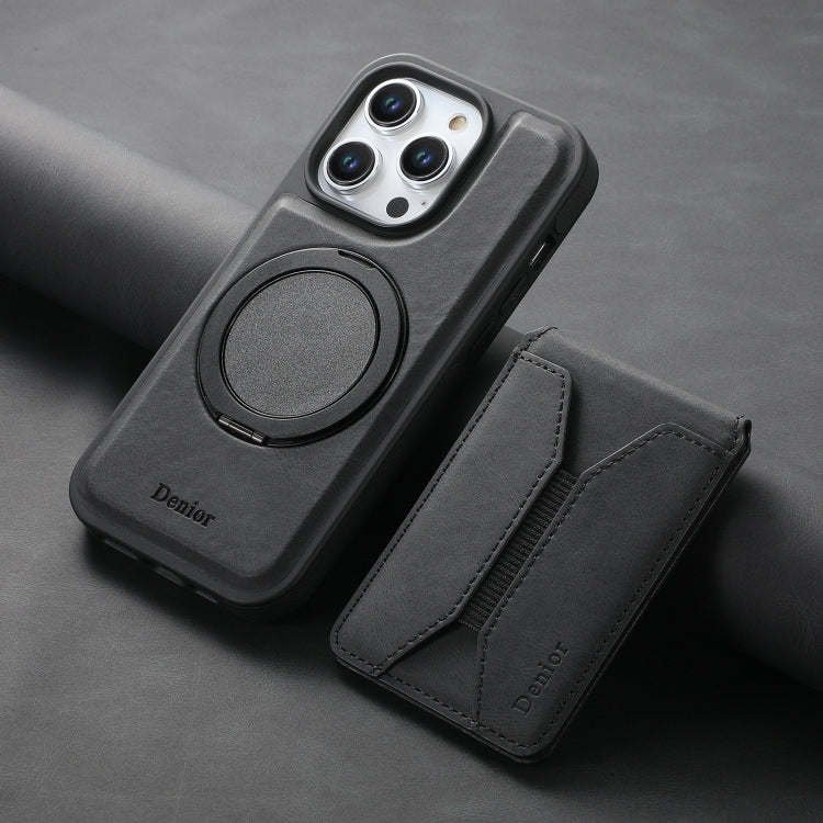 For iPhone 16 Pro Max Denior D18 Skin Feel Rotating Holder MagSafe Detachable Card Slot Phone Case(Black)