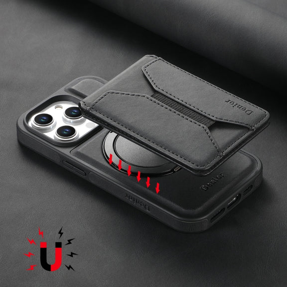 For iPhone 16 Pro Max Denior D18 Skin Feel Rotating Holder MagSafe Detachable Card Slot Phone Case(Black)