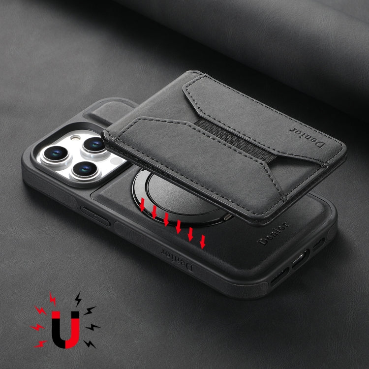 For iPhone 16 Pro Max Denior D18 Skin Feel Rotating Holder MagSafe Detachable Card Slot Phone Case(Black)