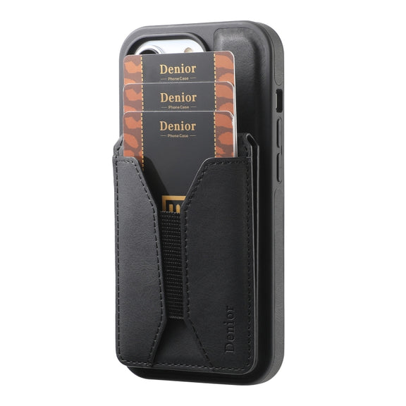 For iPhone 16 Pro Max Denior D18 Skin Feel Rotating Holder MagSafe Detachable Card Slot Phone Case(Black)