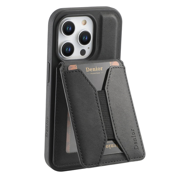 For iPhone 16 Pro Max Denior D18 Skin Feel Rotating Holder MagSafe Detachable Card Slot Phone Case(Black)
